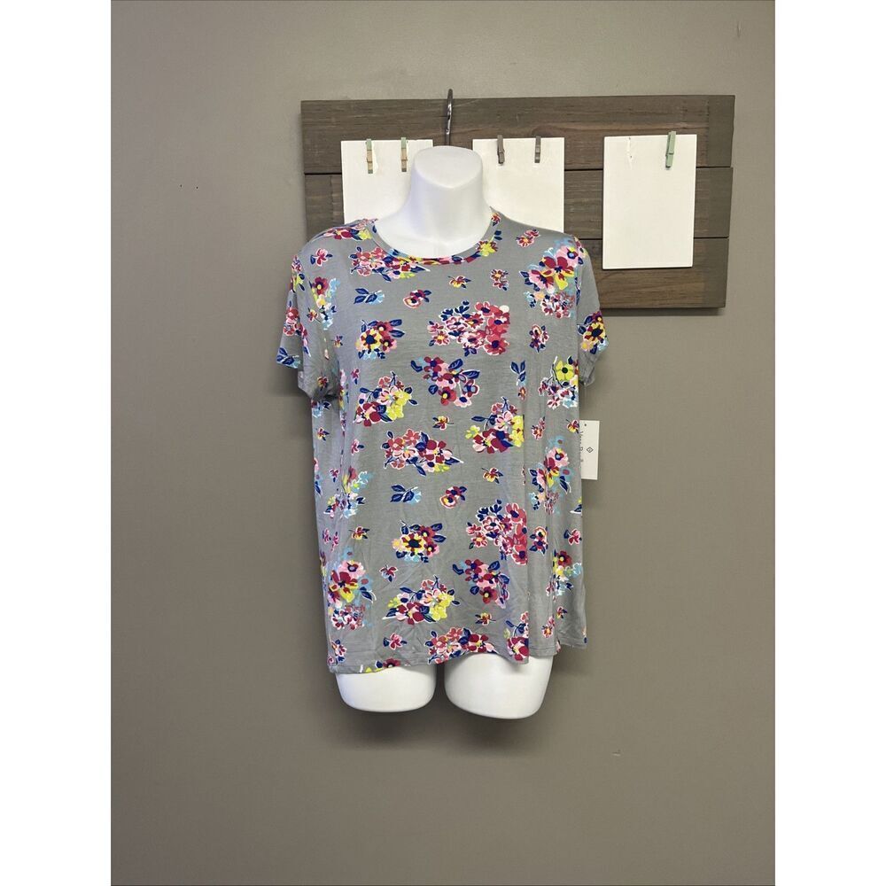 Vera Bradley Gray Floral Tee Shirt Rayon Blend Crewneck Short Sleeves - Large